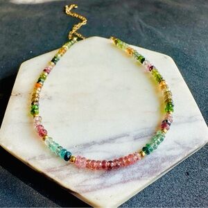 Multicolor Tourmaline Beaded Necklace with Gold Details